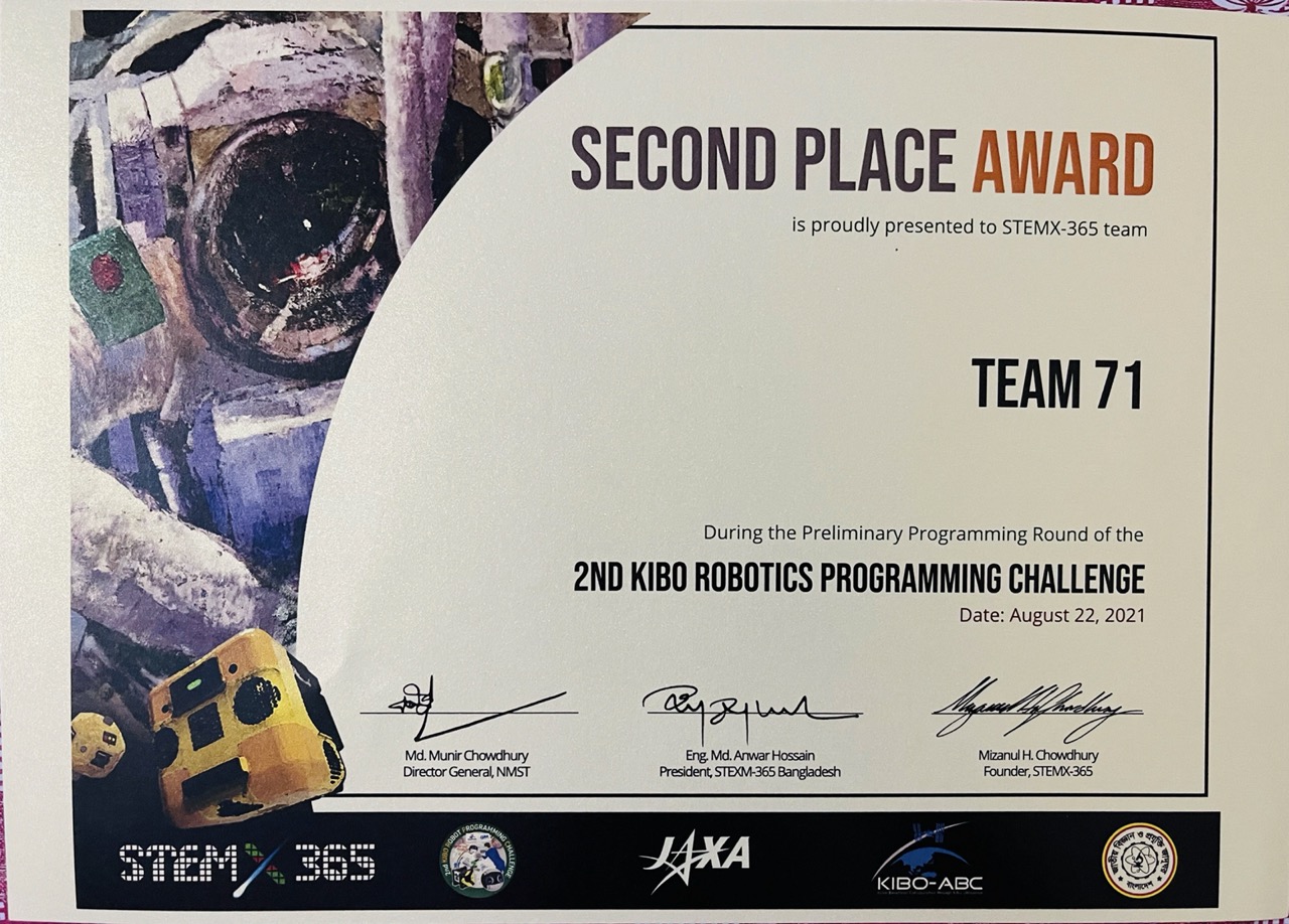 1st Runner Up - 2nd KIBO Robot Programming Challenge by NASA & JAXA
